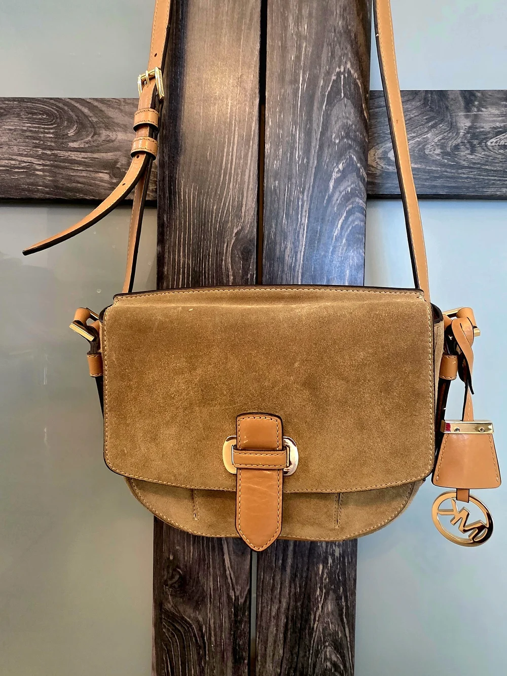 Michael Kors Tan Suede Leather Shoulder Bag - Gold Hardware, Buckle, MK Charm - Picture 4 of 12